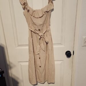 Off Shoulder Ruffled Belted Midi Dress in Beige